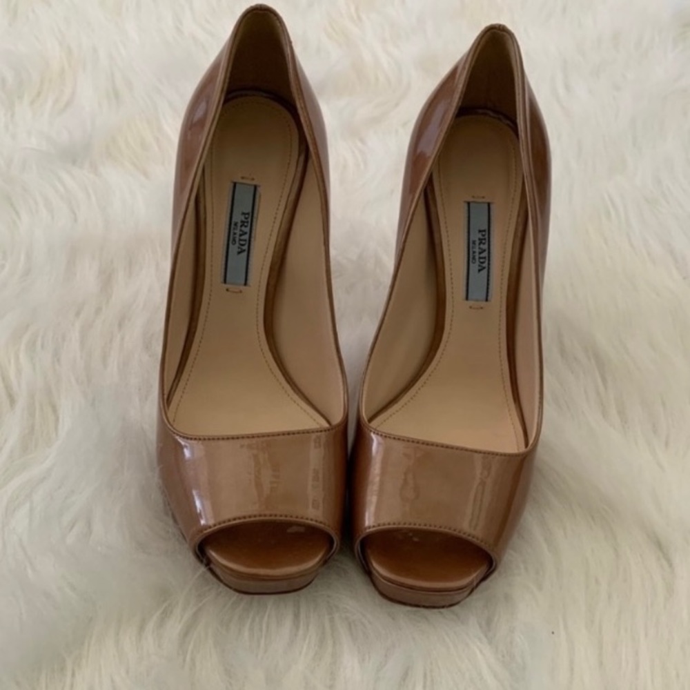 Prada shimmery metallic patent open toe high heels